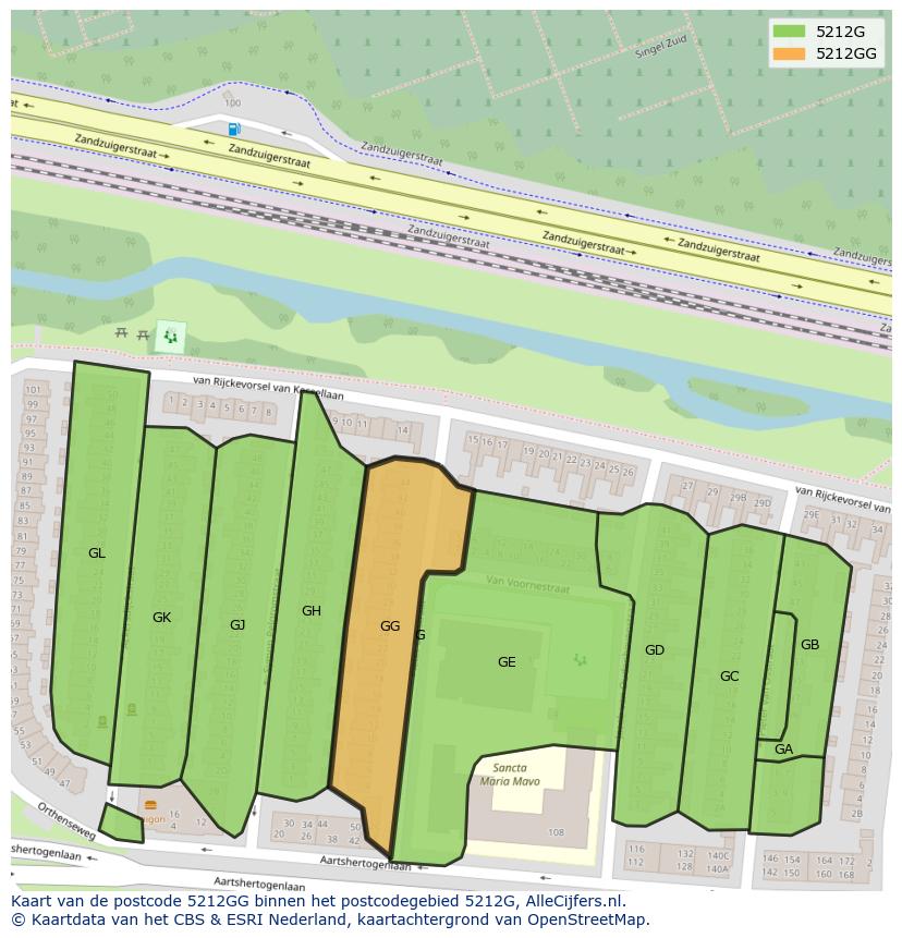 Afbeelding van het postcodegebied 5212 GG op de kaart.