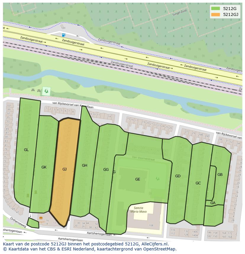 Afbeelding van het postcodegebied 5212 GJ op de kaart.