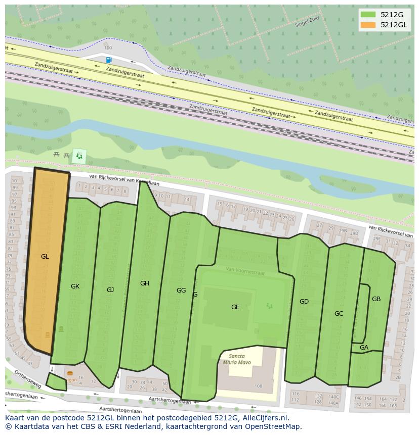 Afbeelding van het postcodegebied 5212 GL op de kaart.