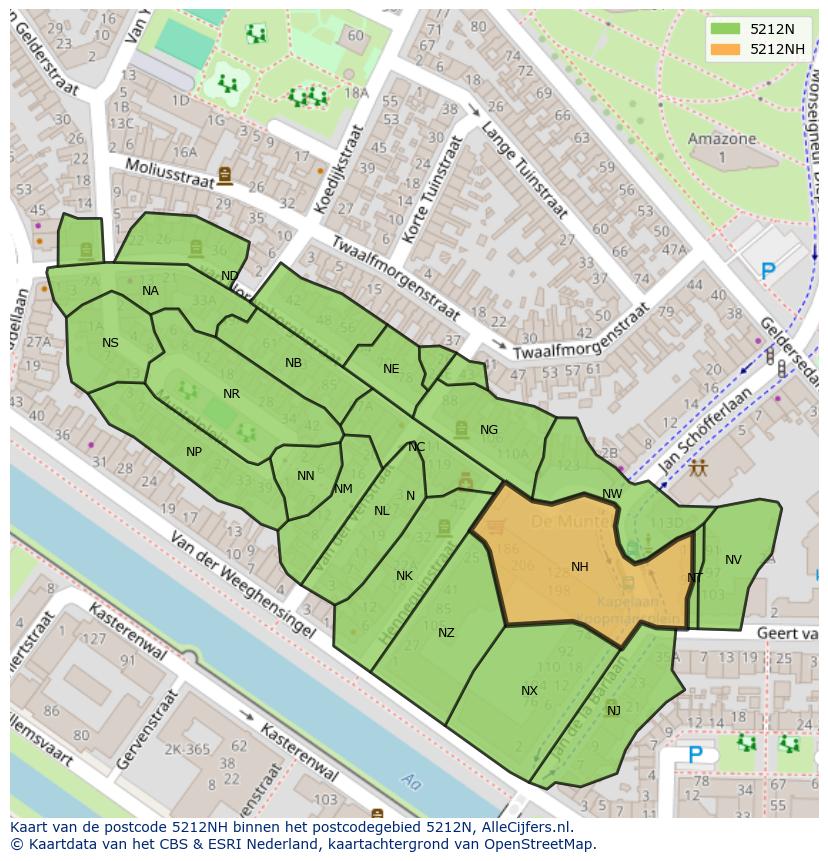 Afbeelding van het postcodegebied 5212 NH op de kaart.