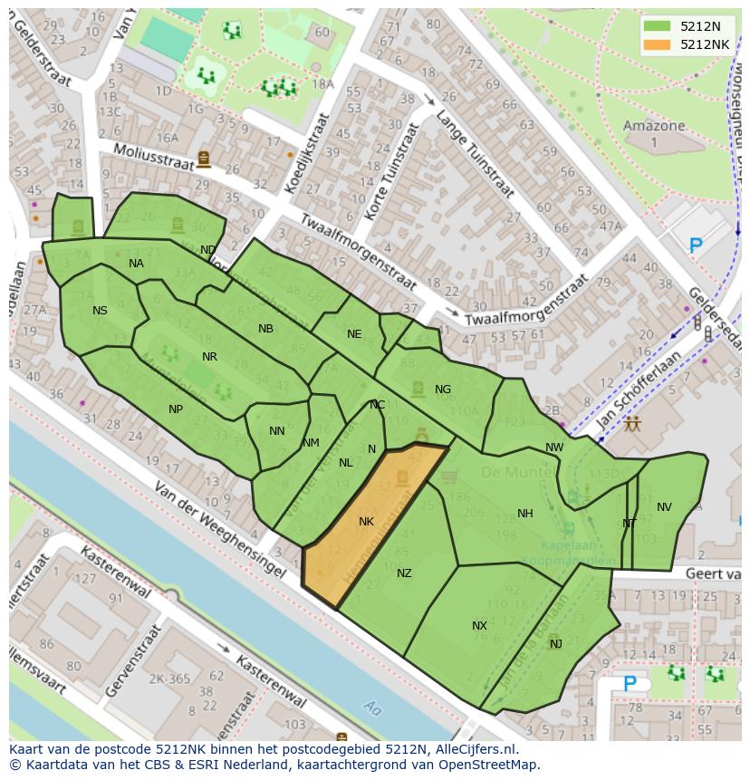 Afbeelding van het postcodegebied 5212 NK op de kaart.