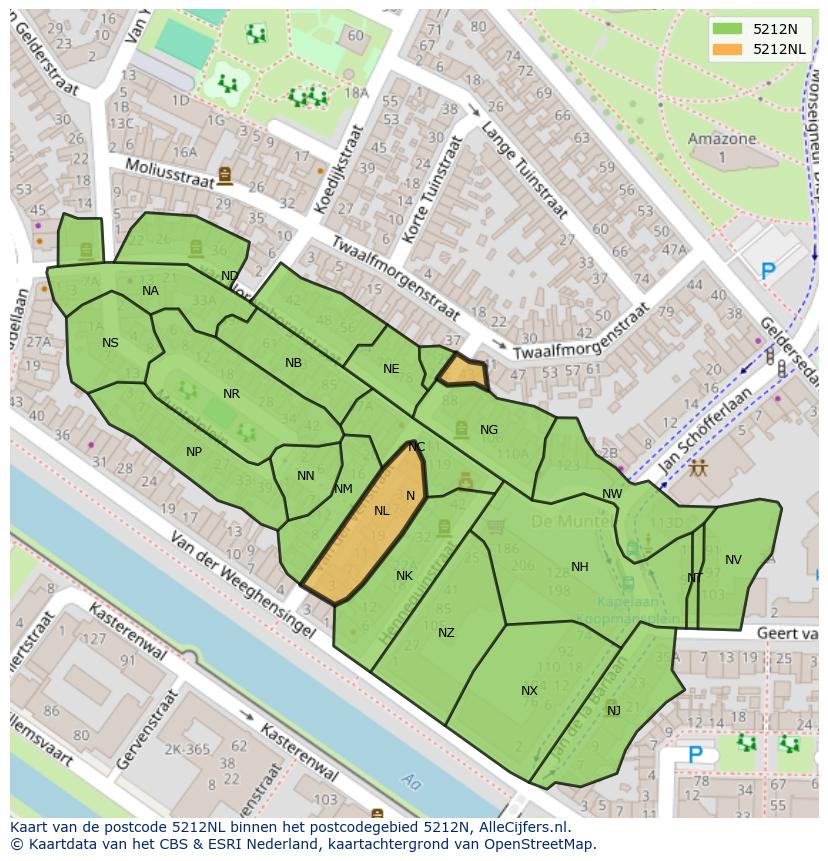 Afbeelding van het postcodegebied 5212 NL op de kaart.