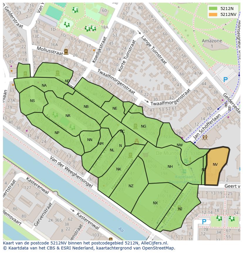 Afbeelding van het postcodegebied 5212 NV op de kaart.