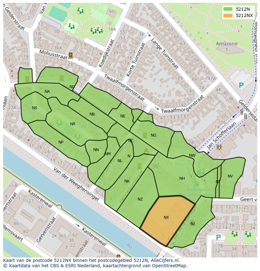 Afbeelding van het postcodegebied 5212 NX op de kaart.