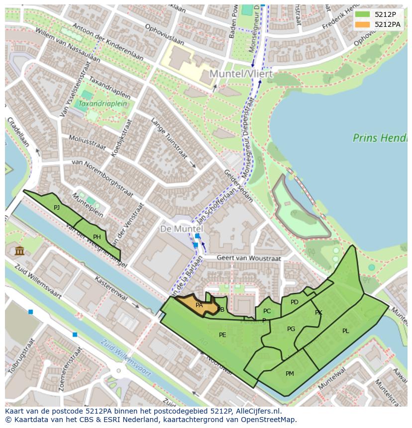 Afbeelding van het postcodegebied 5212 PA op de kaart.
