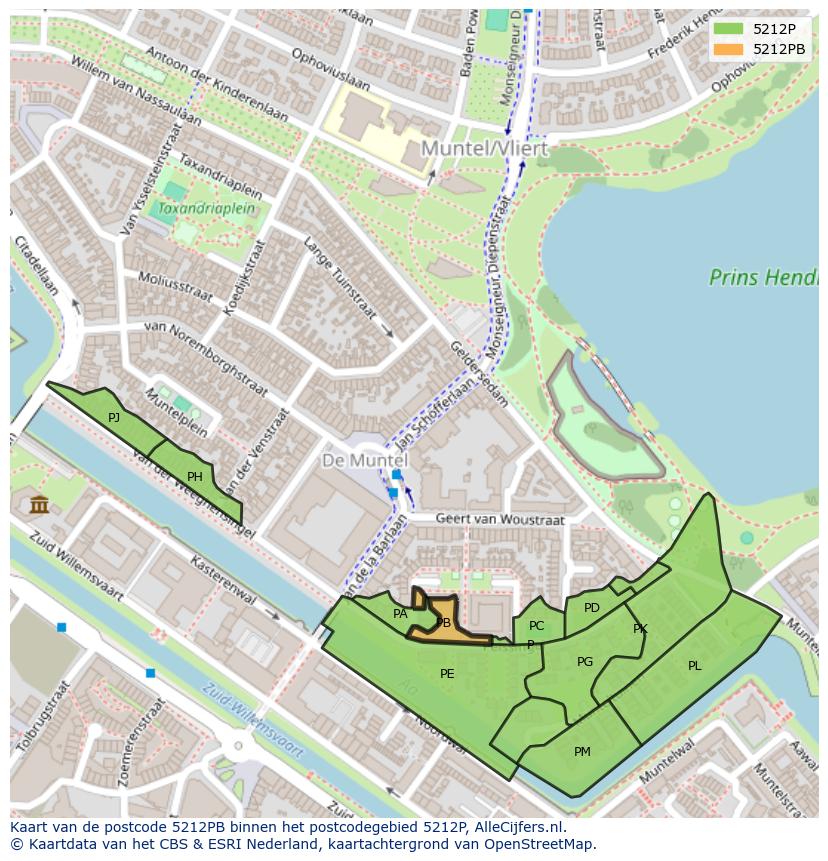 Afbeelding van het postcodegebied 5212 PB op de kaart.