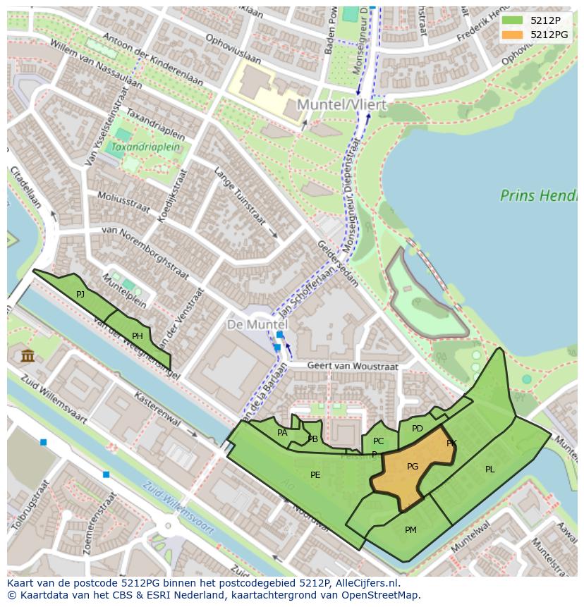 Afbeelding van het postcodegebied 5212 PG op de kaart.