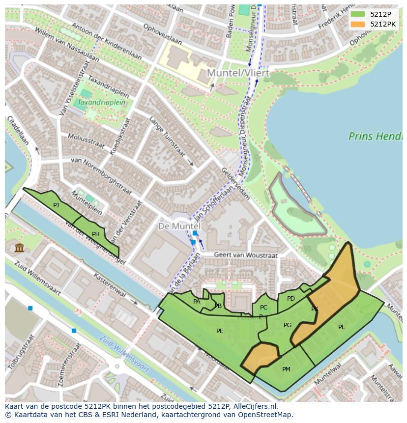 Afbeelding van het postcodegebied 5212 PK op de kaart.