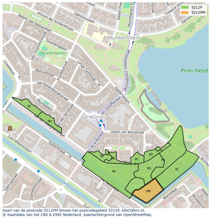 Afbeelding van het postcodegebied 5212 PM op de kaart.