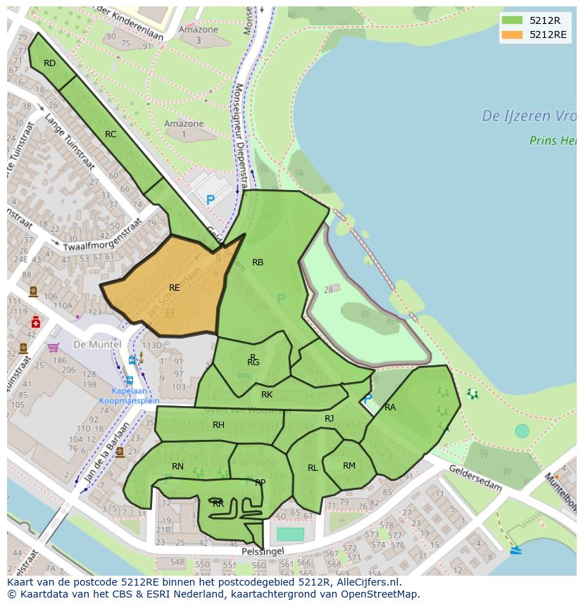 Afbeelding van het postcodegebied 5212 RE op de kaart.