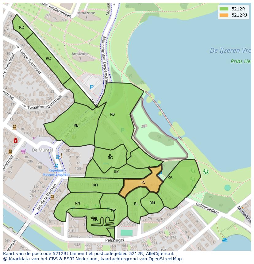 Afbeelding van het postcodegebied 5212 RJ op de kaart.