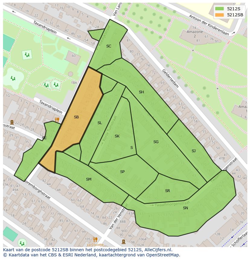 Afbeelding van het postcodegebied 5212 SB op de kaart.
