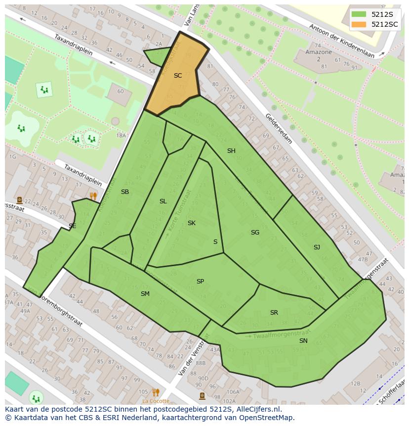 Afbeelding van het postcodegebied 5212 SC op de kaart.