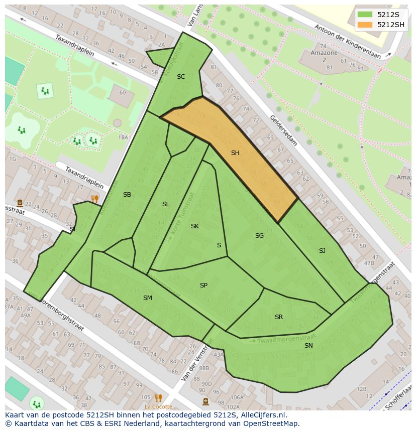 Afbeelding van het postcodegebied 5212 SH op de kaart.