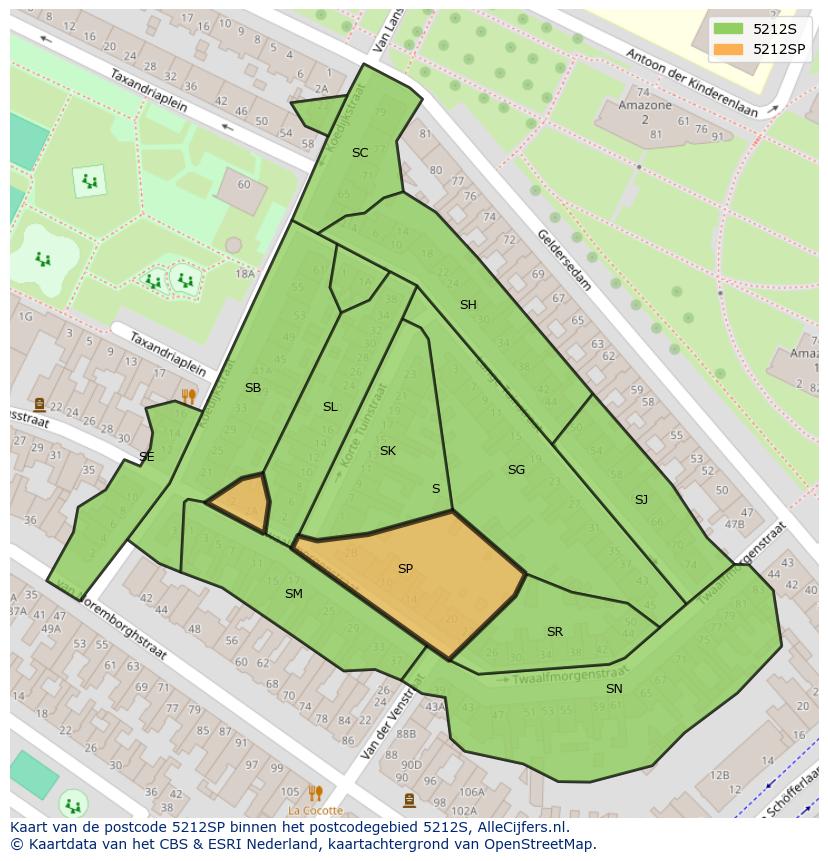 Afbeelding van het postcodegebied 5212 SP op de kaart.