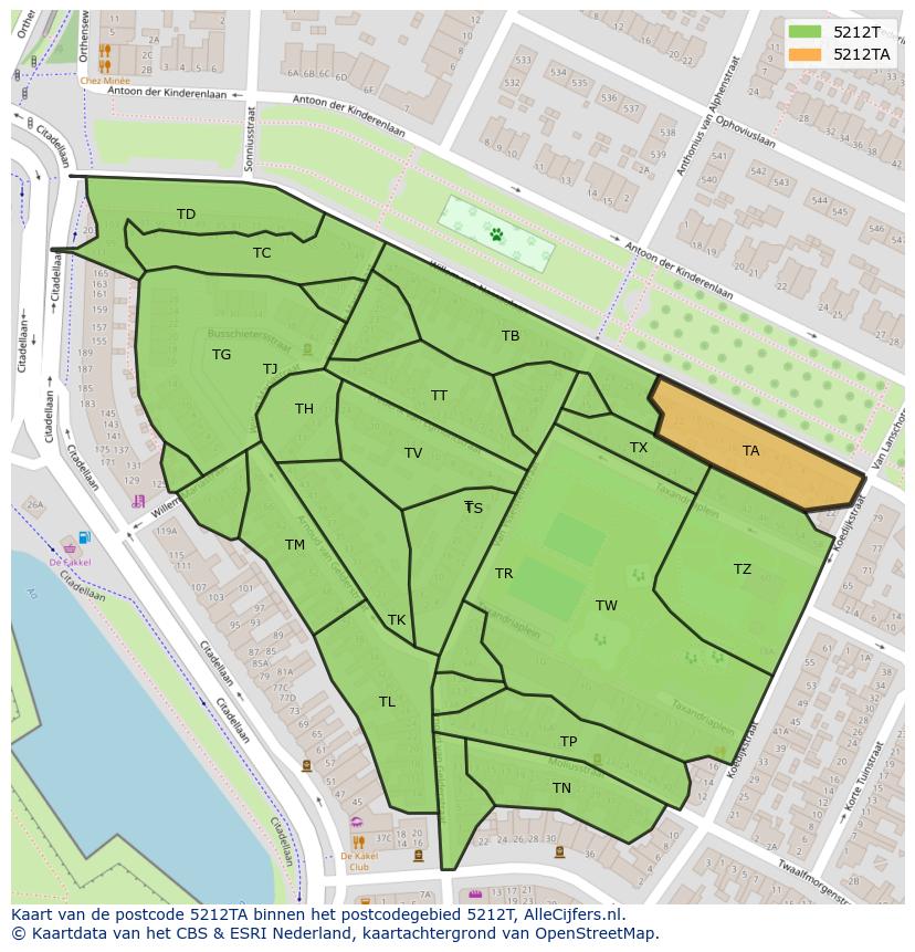 Afbeelding van het postcodegebied 5212 TA op de kaart.