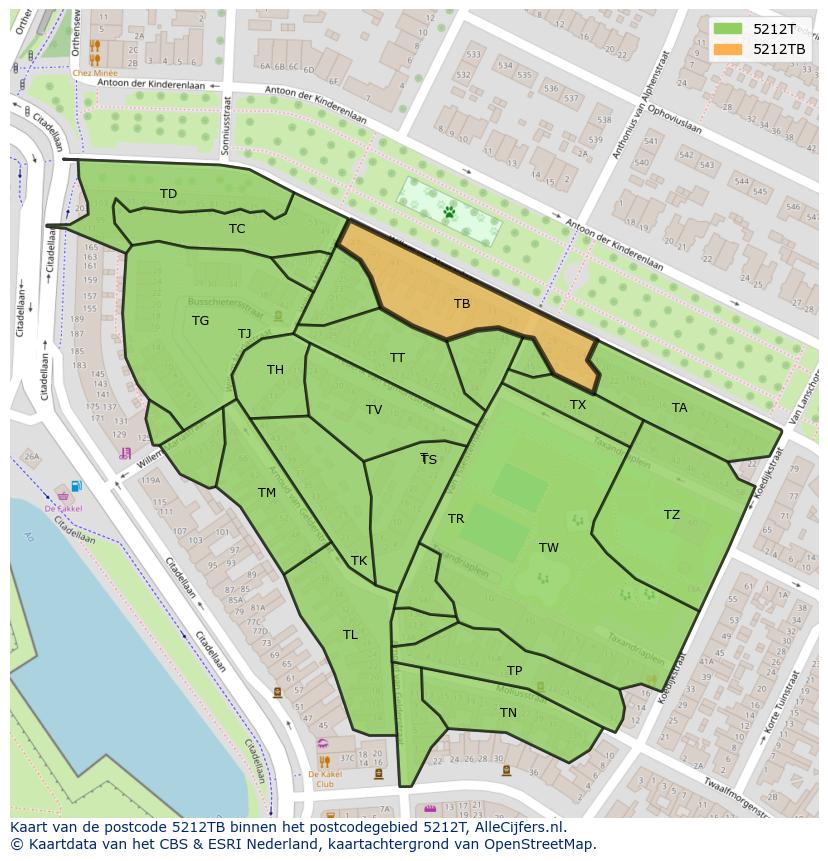 Afbeelding van het postcodegebied 5212 TB op de kaart.