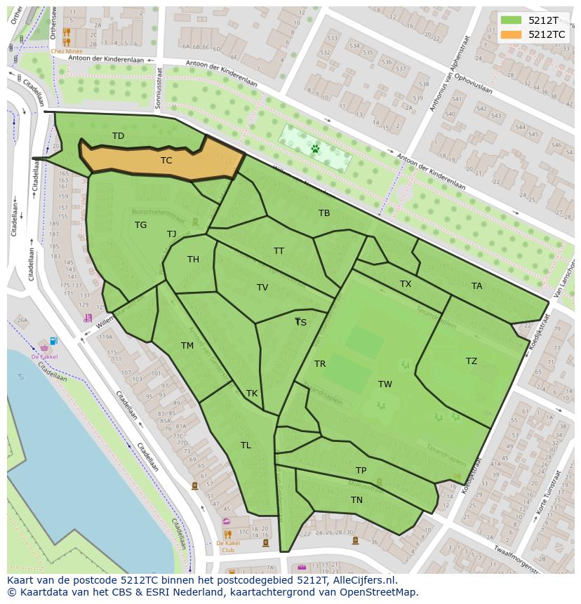 Afbeelding van het postcodegebied 5212 TC op de kaart.