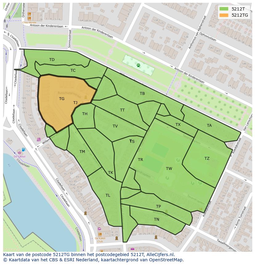 Afbeelding van het postcodegebied 5212 TG op de kaart.