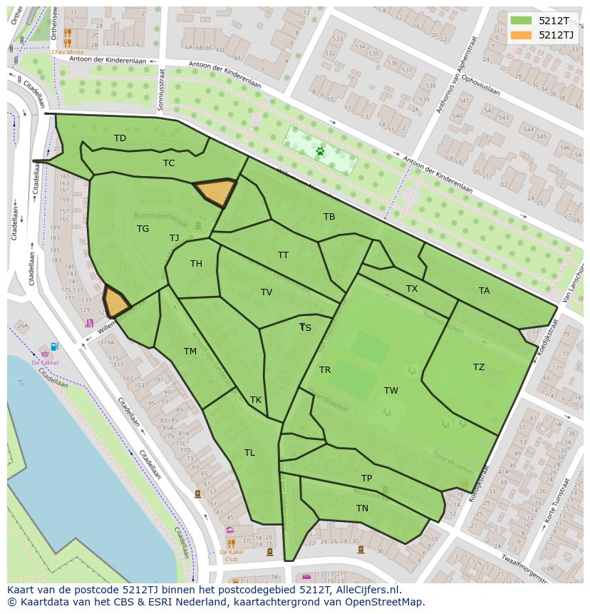 Afbeelding van het postcodegebied 5212 TJ op de kaart.