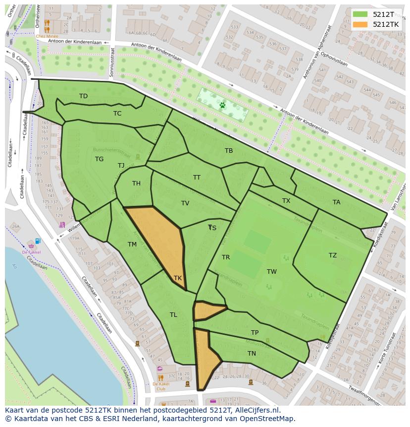 Afbeelding van het postcodegebied 5212 TK op de kaart.