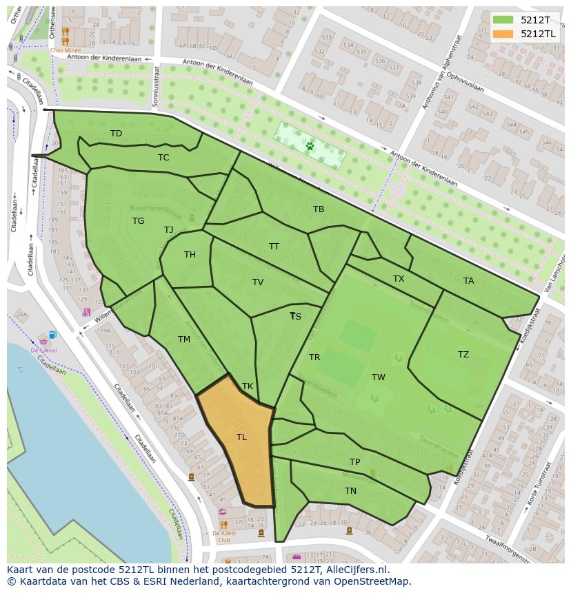 Afbeelding van het postcodegebied 5212 TL op de kaart.