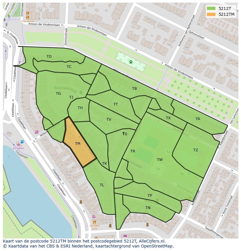 Afbeelding van het postcodegebied 5212 TM op de kaart.