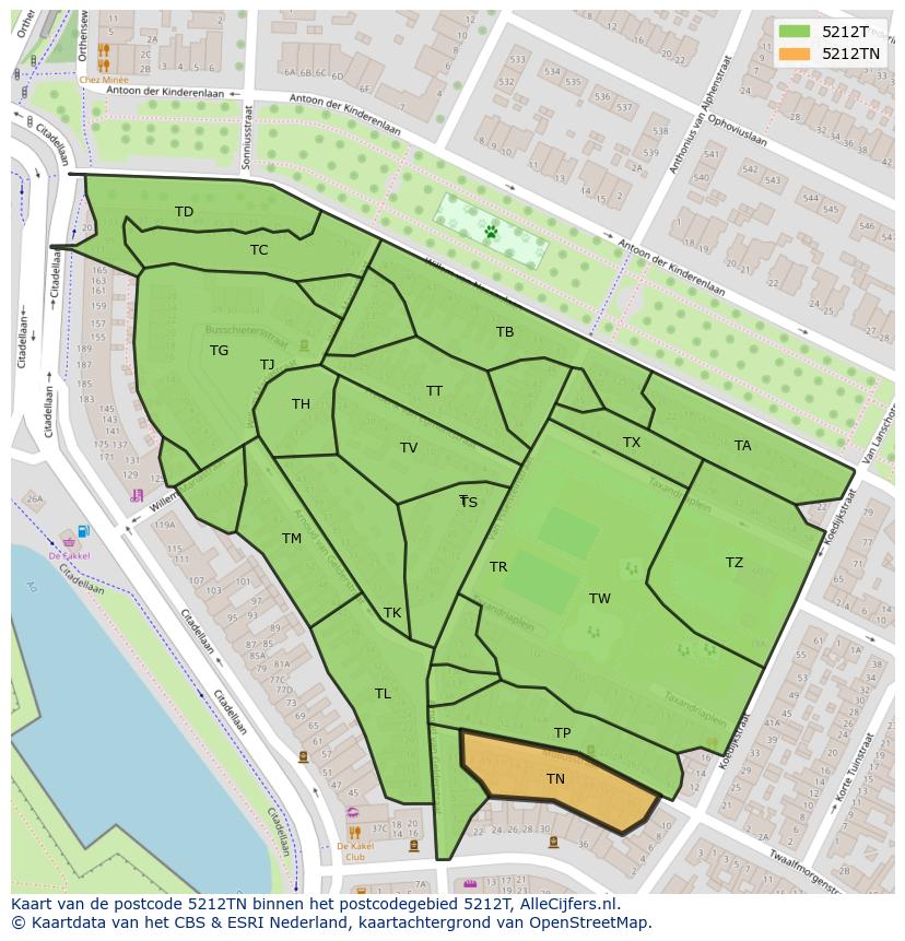 Afbeelding van het postcodegebied 5212 TN op de kaart.