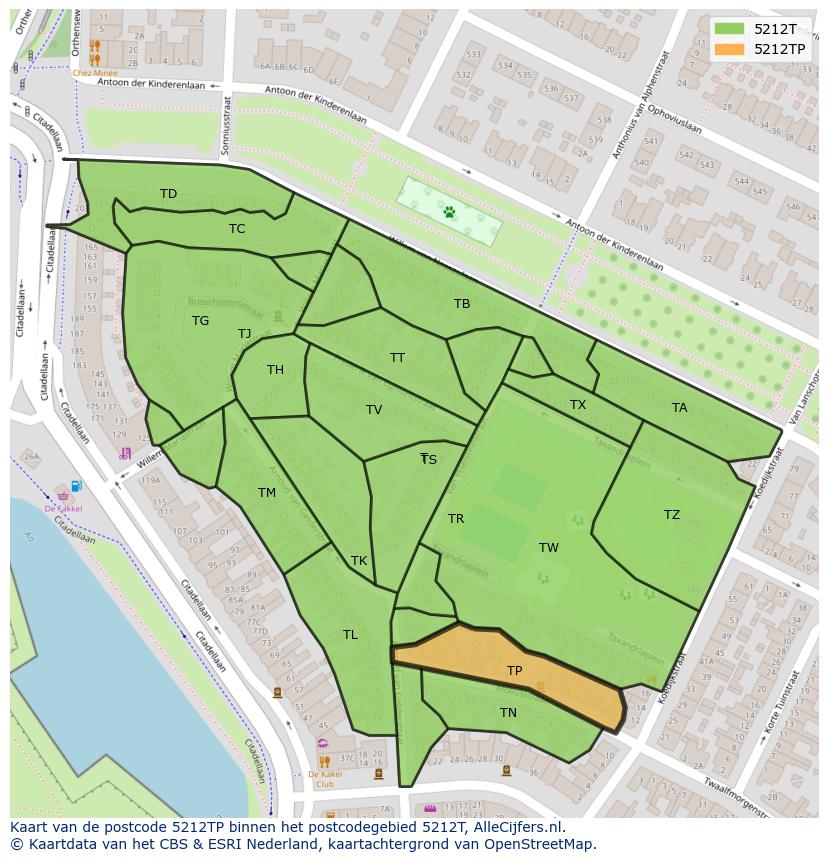 Afbeelding van het postcodegebied 5212 TP op de kaart.