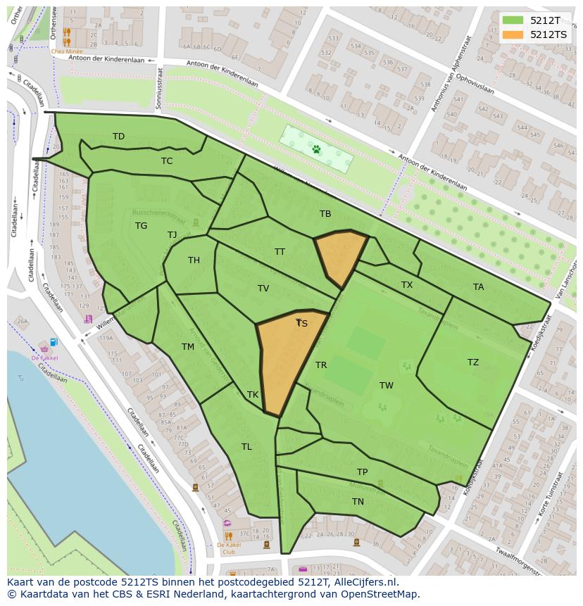 Afbeelding van het postcodegebied 5212 TS op de kaart.