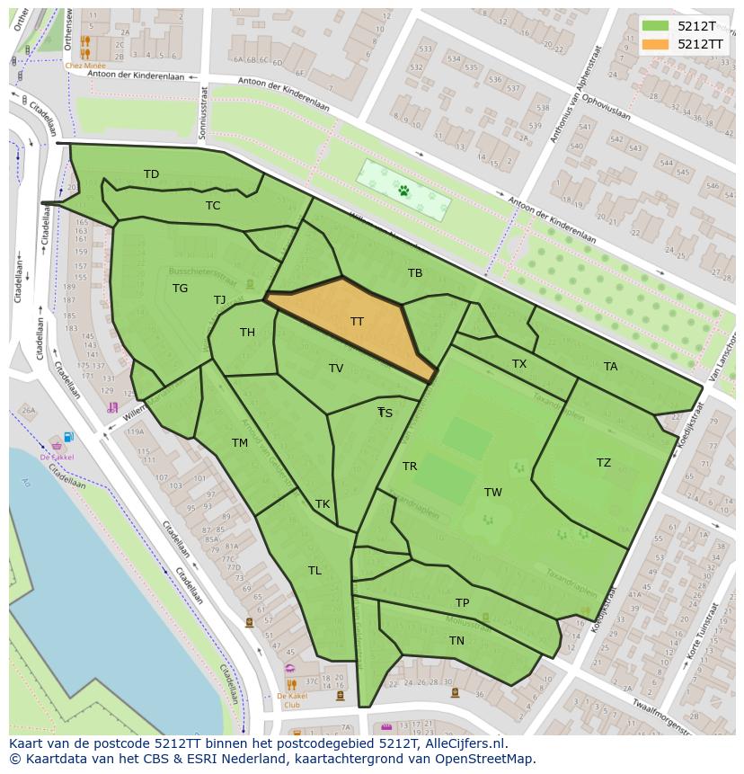 Afbeelding van het postcodegebied 5212 TT op de kaart.