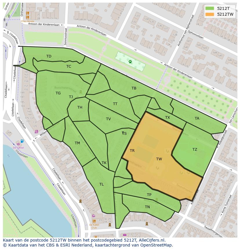 Afbeelding van het postcodegebied 5212 TW op de kaart.