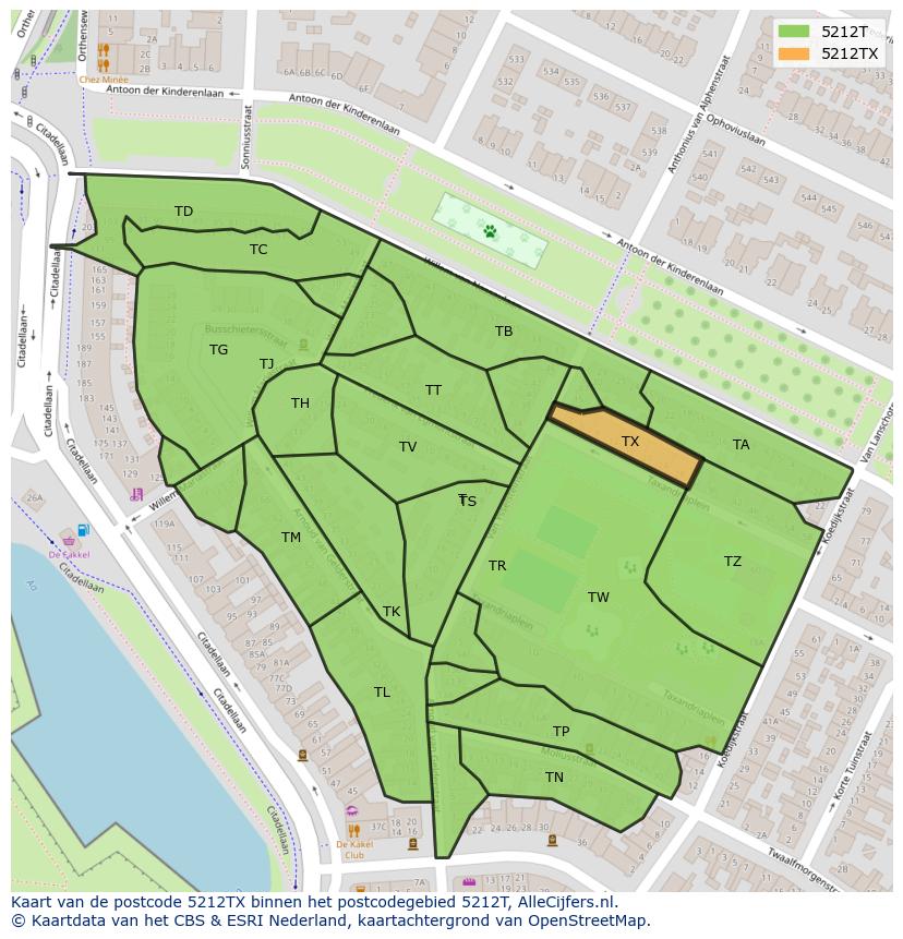 Afbeelding van het postcodegebied 5212 TX op de kaart.