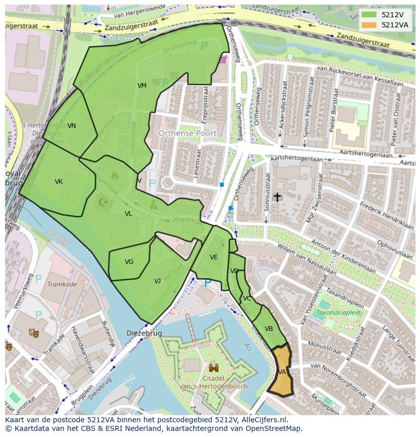 Afbeelding van het postcodegebied 5212 VA op de kaart.