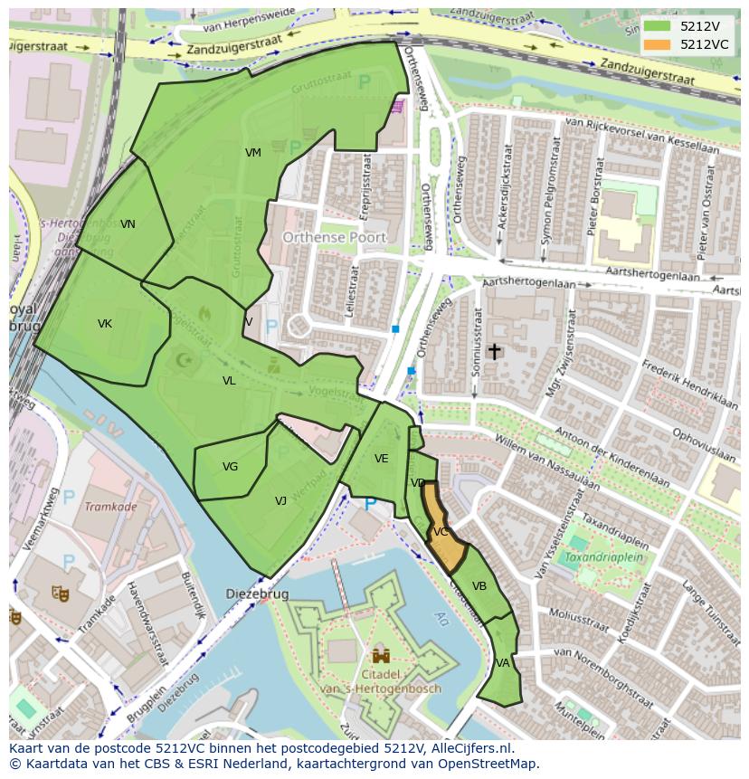 Afbeelding van het postcodegebied 5212 VC op de kaart.