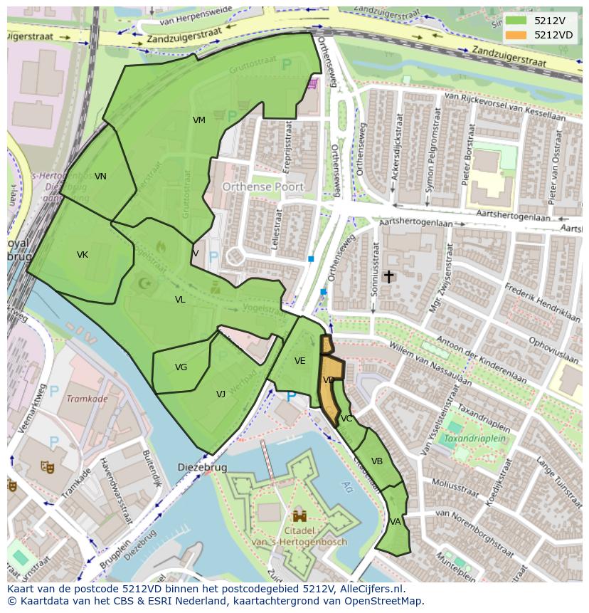 Afbeelding van het postcodegebied 5212 VD op de kaart.