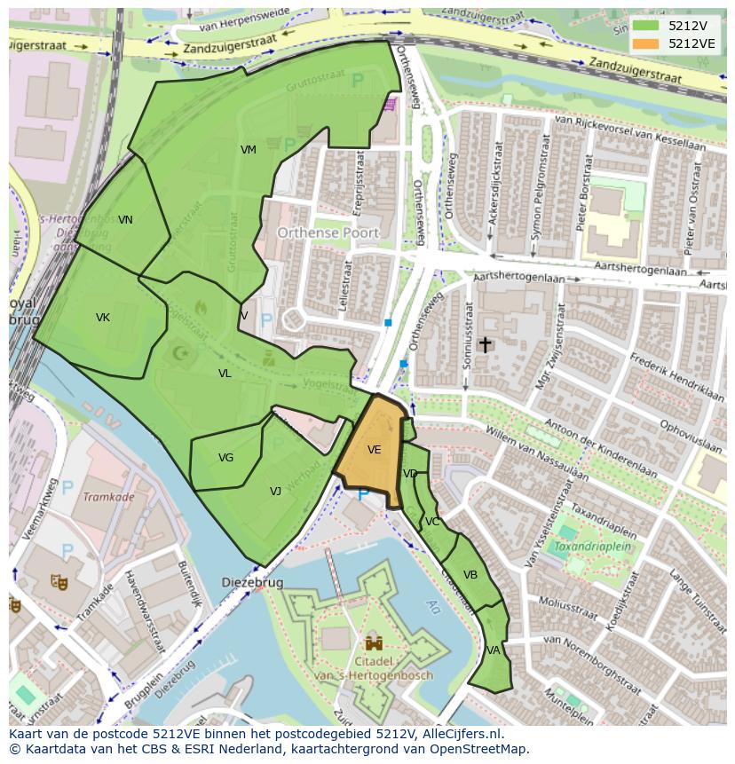 Afbeelding van het postcodegebied 5212 VE op de kaart.