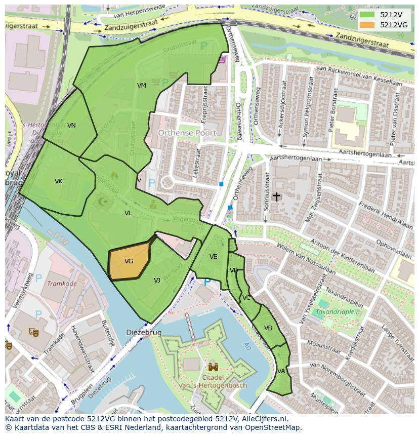 Afbeelding van het postcodegebied 5212 VG op de kaart.