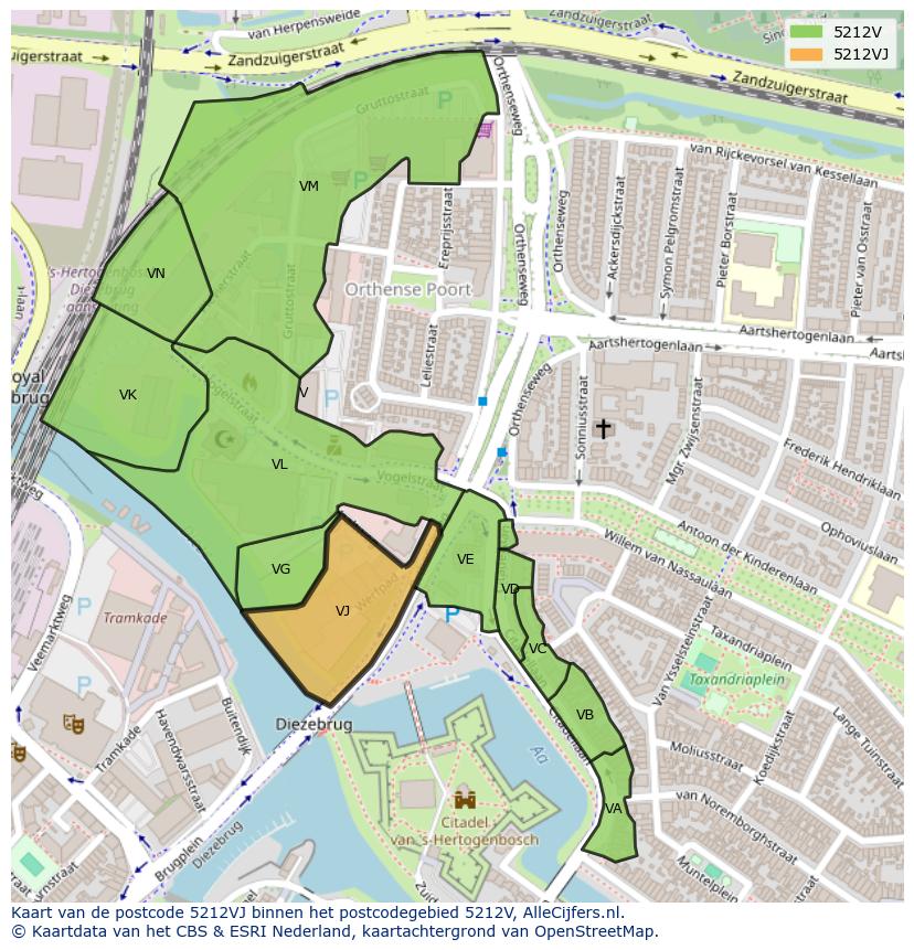 Afbeelding van het postcodegebied 5212 VJ op de kaart.