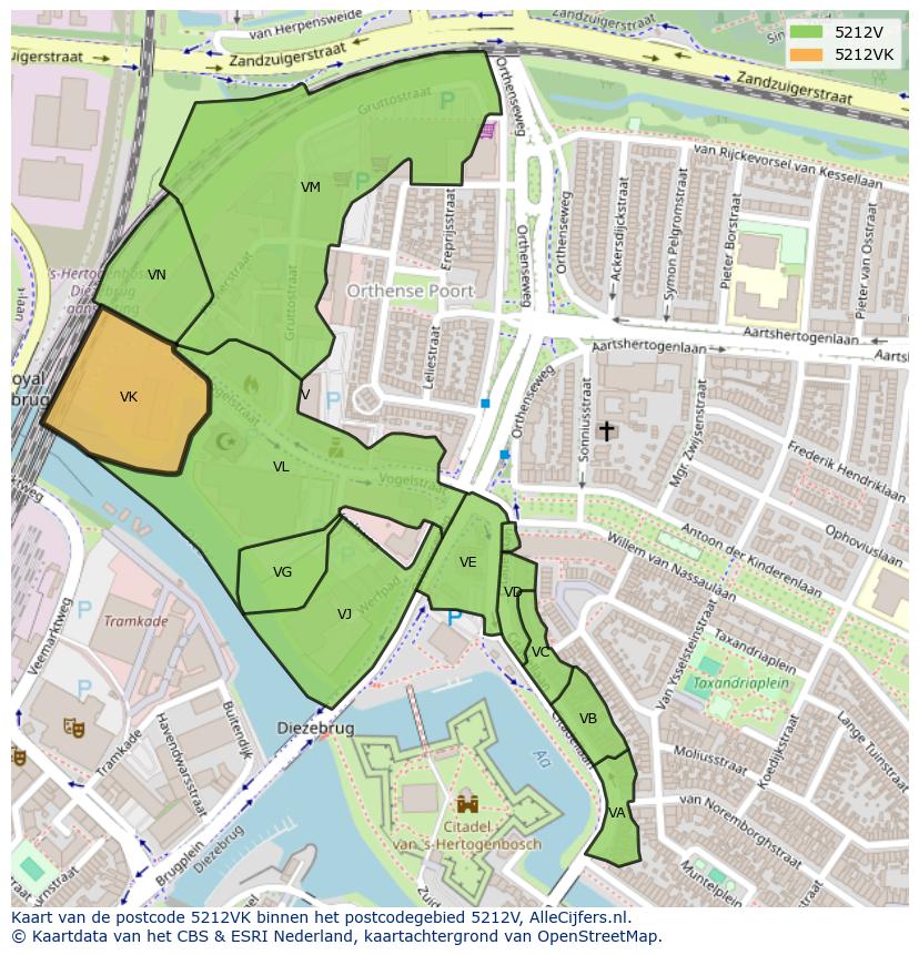 Afbeelding van het postcodegebied 5212 VK op de kaart.