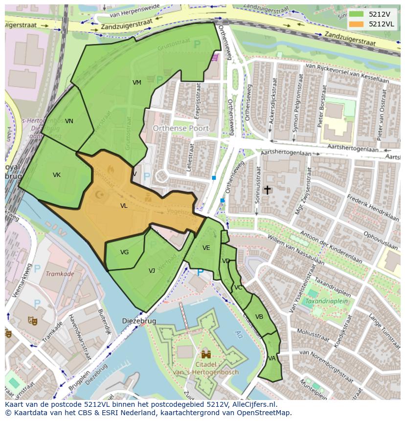 Afbeelding van het postcodegebied 5212 VL op de kaart.