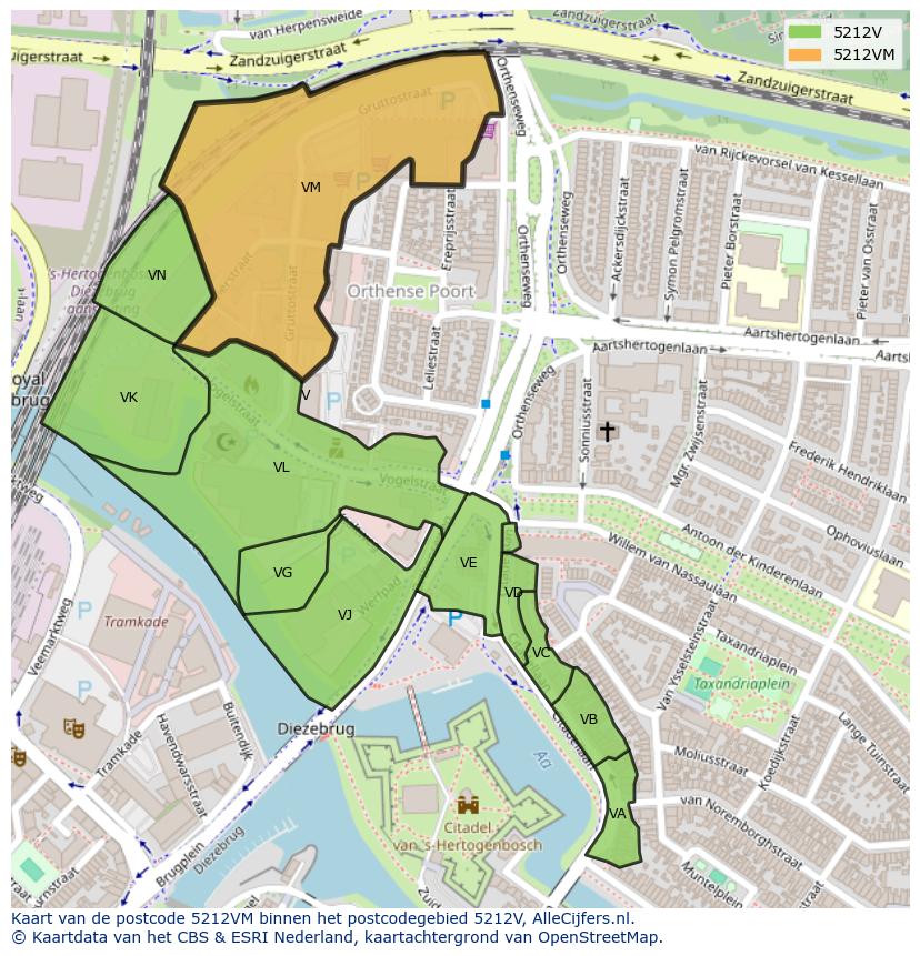 Afbeelding van het postcodegebied 5212 VM op de kaart.