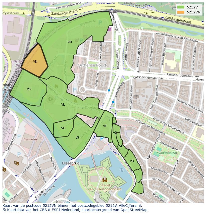 Afbeelding van het postcodegebied 5212 VN op de kaart.