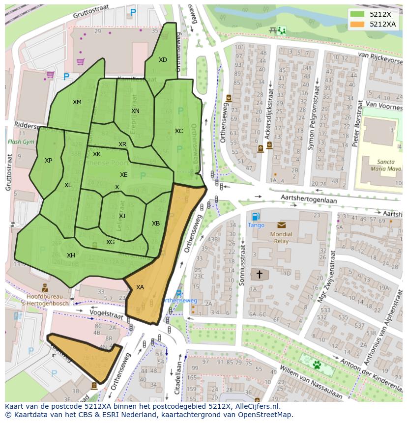 Afbeelding van het postcodegebied 5212 XA op de kaart.