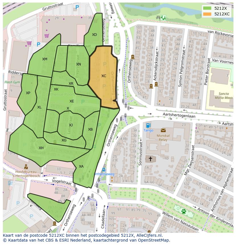 Afbeelding van het postcodegebied 5212 XC op de kaart.