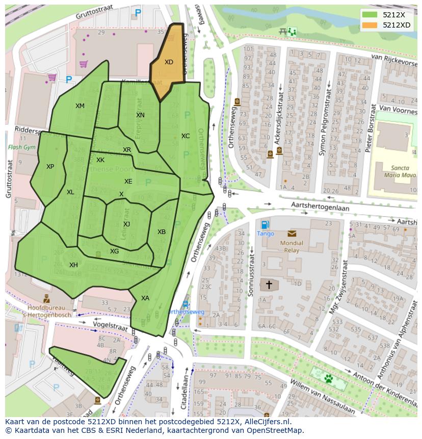 Afbeelding van het postcodegebied 5212 XD op de kaart.