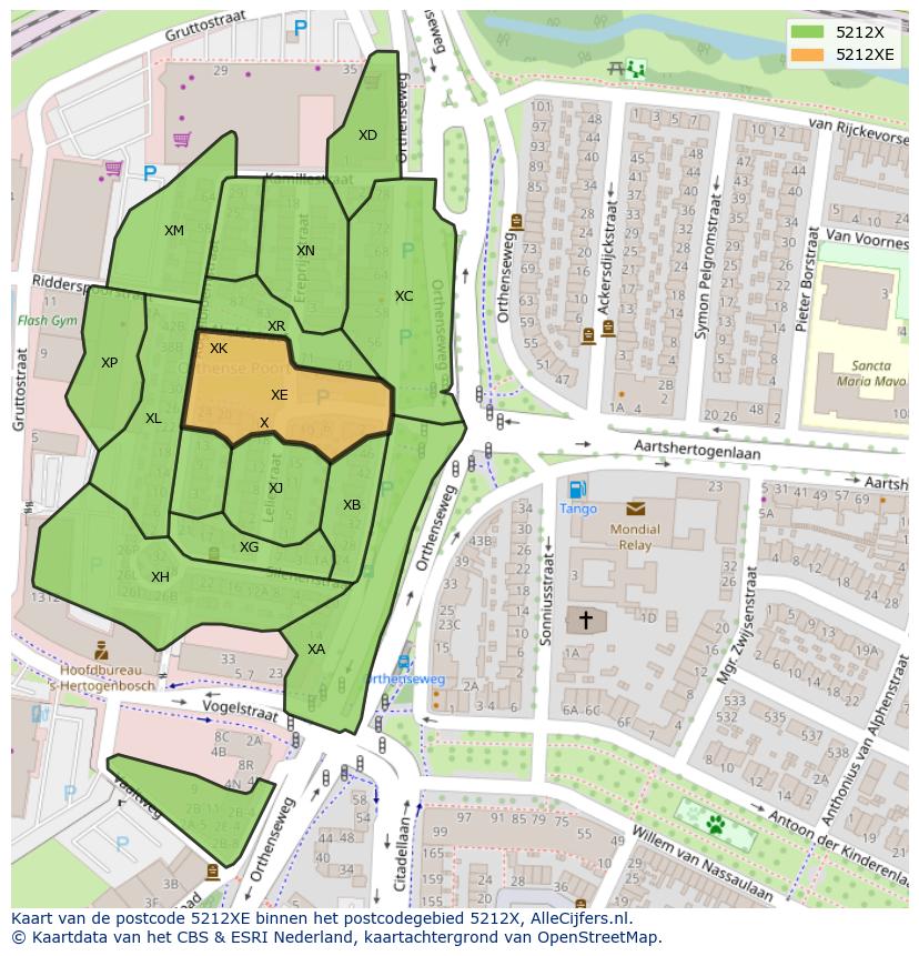 Afbeelding van het postcodegebied 5212 XE op de kaart.