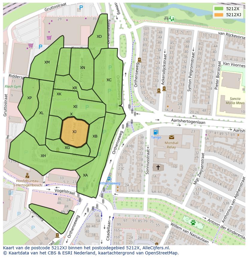 Afbeelding van het postcodegebied 5212 XJ op de kaart.