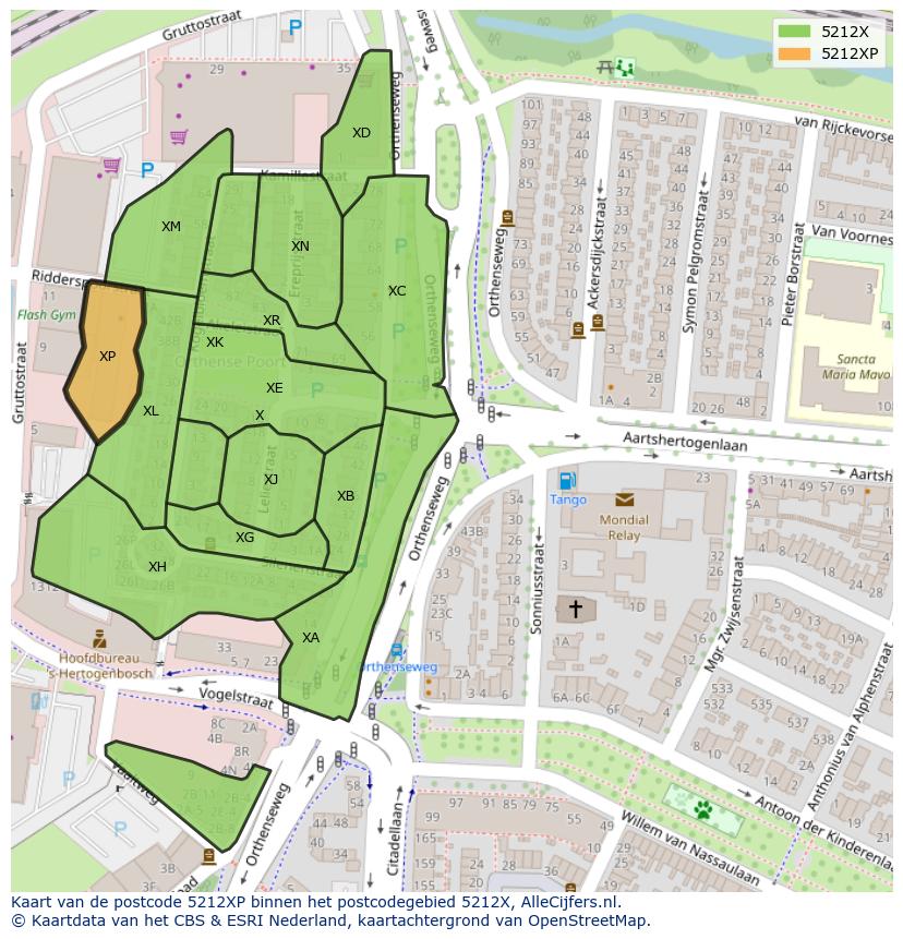 Afbeelding van het postcodegebied 5212 XP op de kaart.