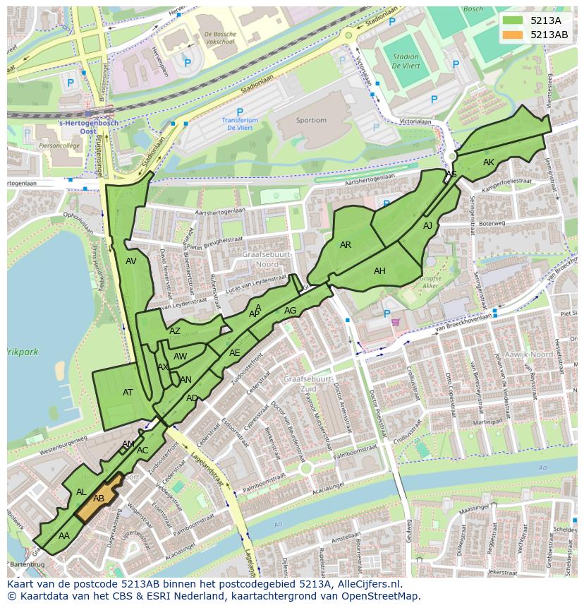 Afbeelding van het postcodegebied 5213 AB op de kaart.